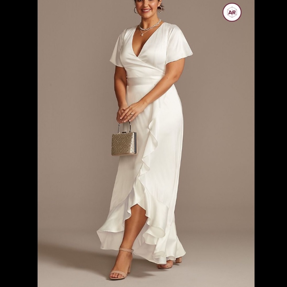 DAVIDS BRIDAL | Flutter Sleeve Satin Dress with Ruffle